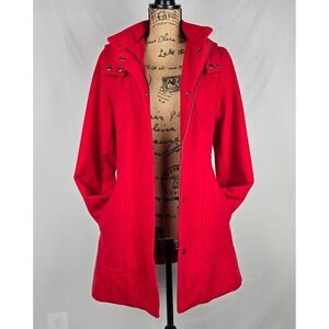 Merona Red Hooded Pea Coat Womens Medium Full Zip Snap Front Mid Length Jacket